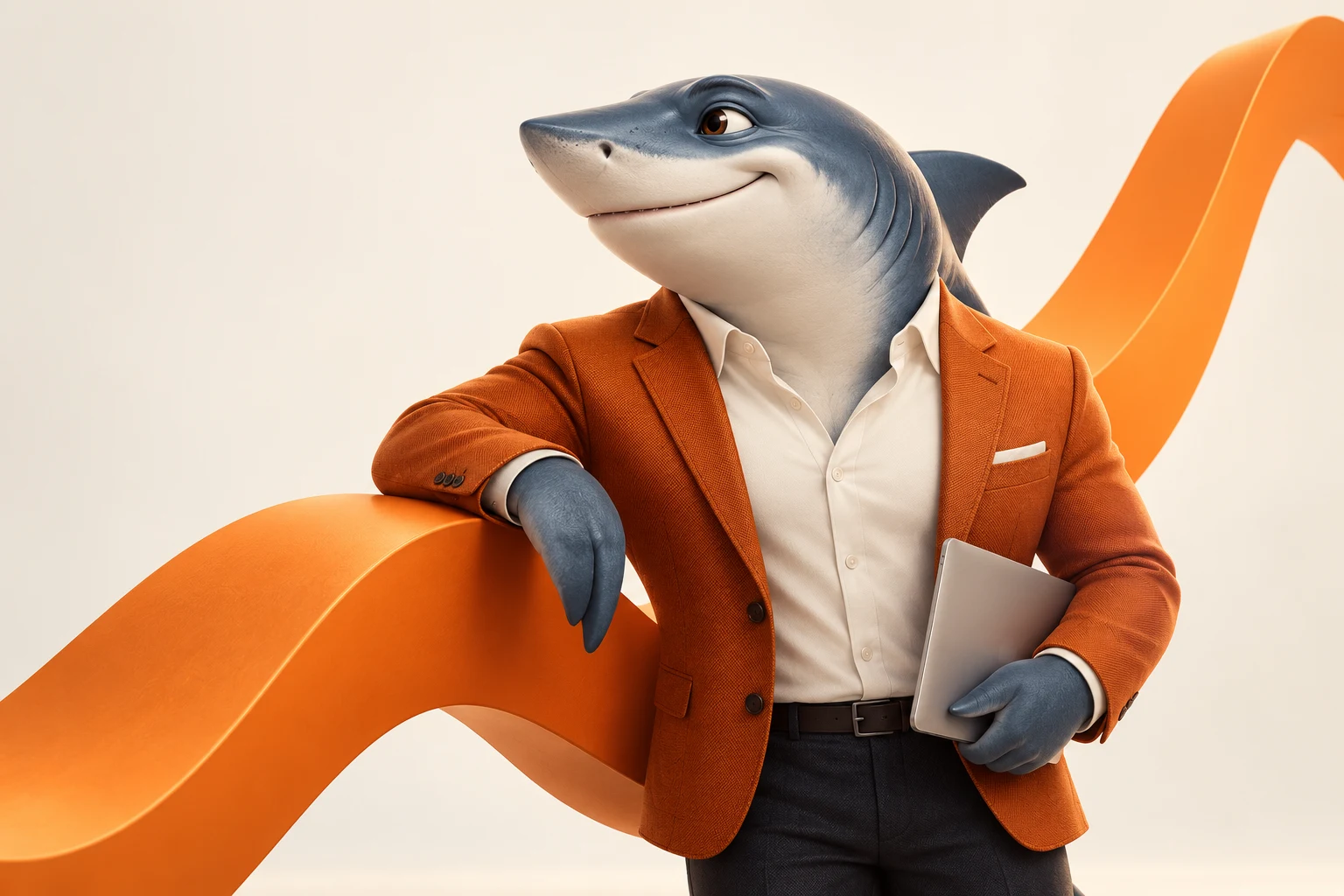 Search-Shark-Maskottchen im orangefarbenen Sakko mit Laptop