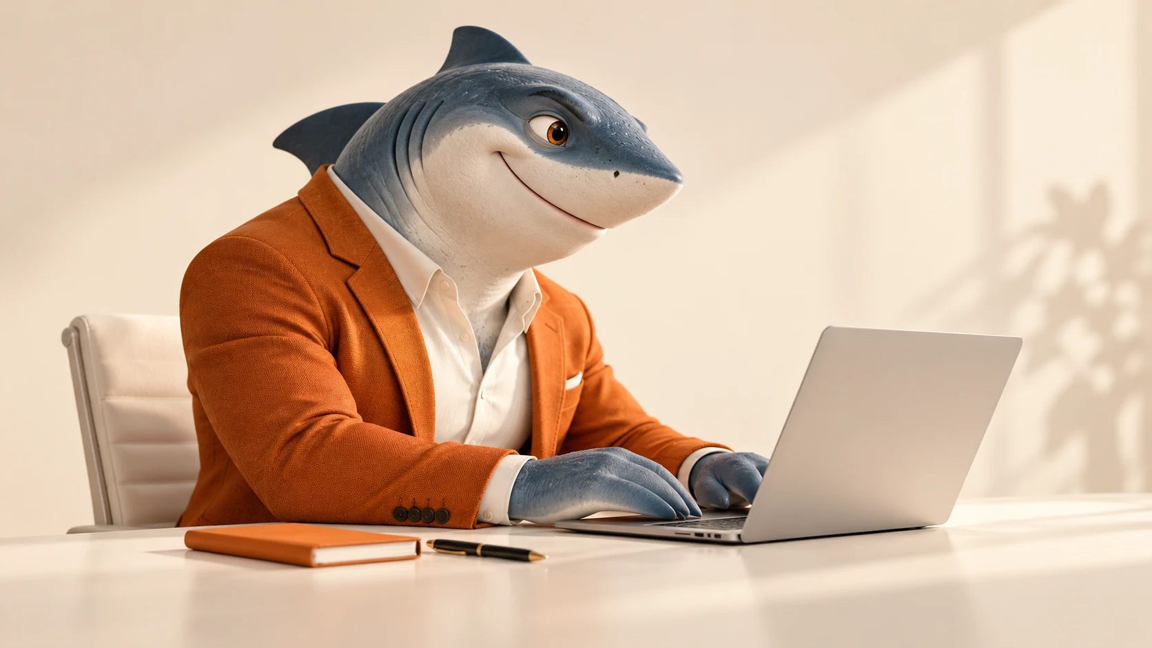 Search-Shark-Maskottchen bei der Arbeit am Laptop